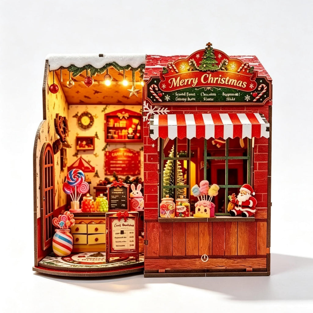Ygarkreit Christmas Candy Shop DIY Book Nook Kit with LED Lights, 3D Wooden Puzzle for Adults, Christmas‑Themed Diorama Model Building Kit, Miniature House Wood Craft Kit for Holiday Decor & X‑mas Gi