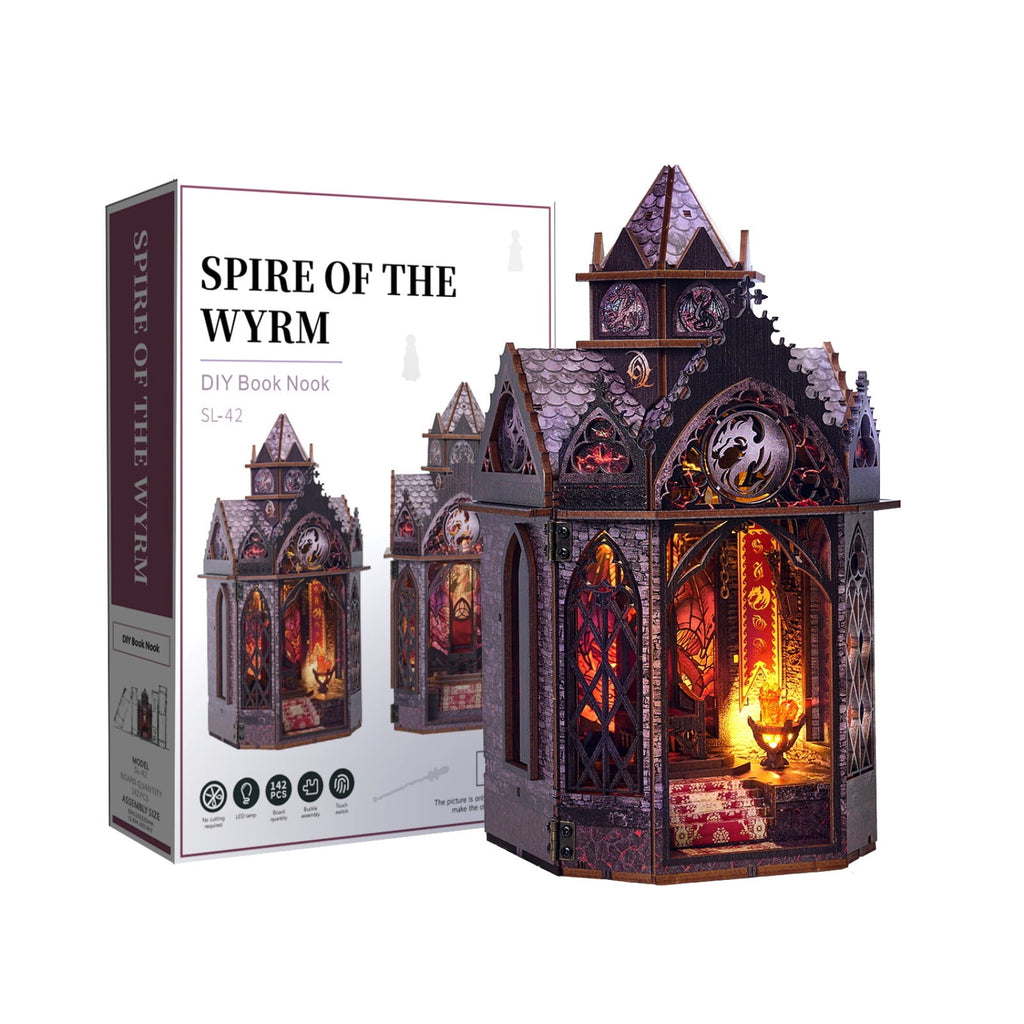 Ygarkreit Fantasy Dragon Gothic Castle DIY Book Nook Kit with LED Lights & Openable Doors, 3D Wooden Puzzle for Adults, Dark‑Fantasy Diorama Model Building Kit, Miniature House Wood Craft Kit for Tab