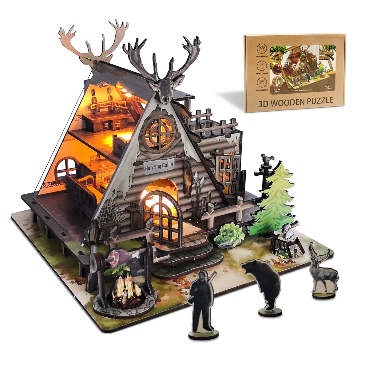 ZYLEGEN Hunting-Cabin Lighting DIY Miniature House Kit Set - Retro Wooden Cabin LED Light 3D Wooden Puzzle Set 129 Pcs for Adults and Teen