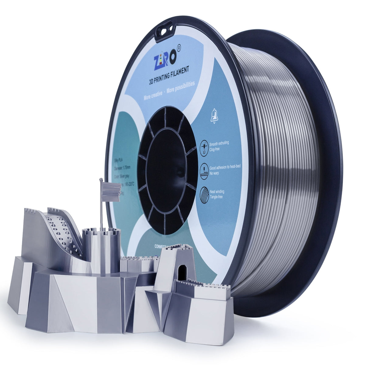 Ziro 3D Silk PLA Filament 1.75mm 1kg, Silver-Gray
