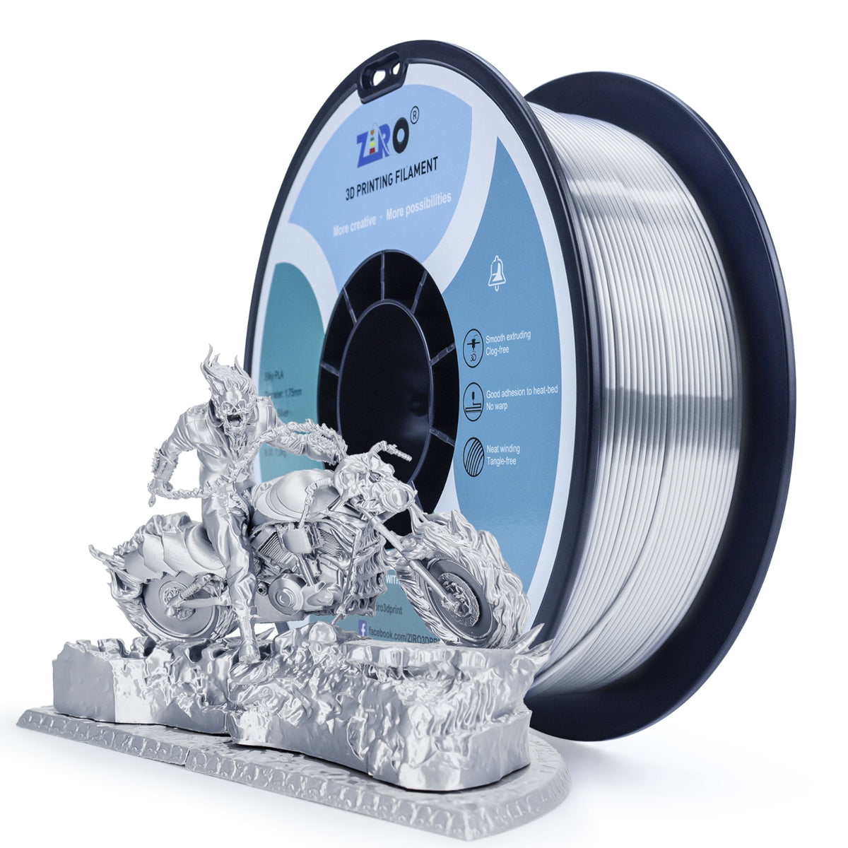 Ziro 3D Silk PLA Filament 1.75mm 1kg, Silver-Gray