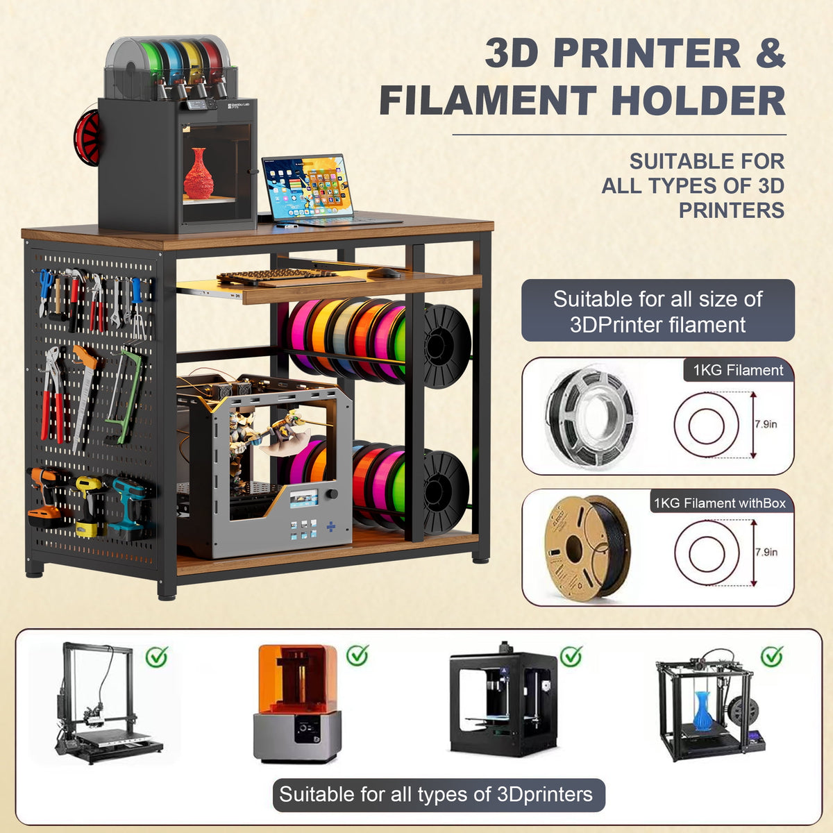 VOXIVEE 3D Printer Stand with Filament Storage Rack,Pegboard,Keyboard Tray