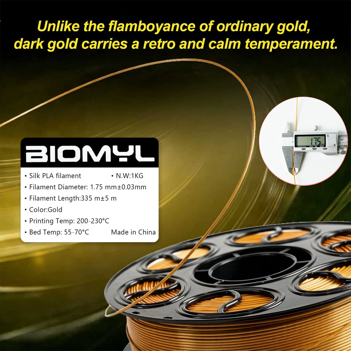 BIOMYL PLA 3D Printer Filament, PLA Filament 1.75mm Metal Gradient Color silk PLA, Tri Gold/Silver/Copper, 1kg Spool, Accuracy +/- 0.03mm