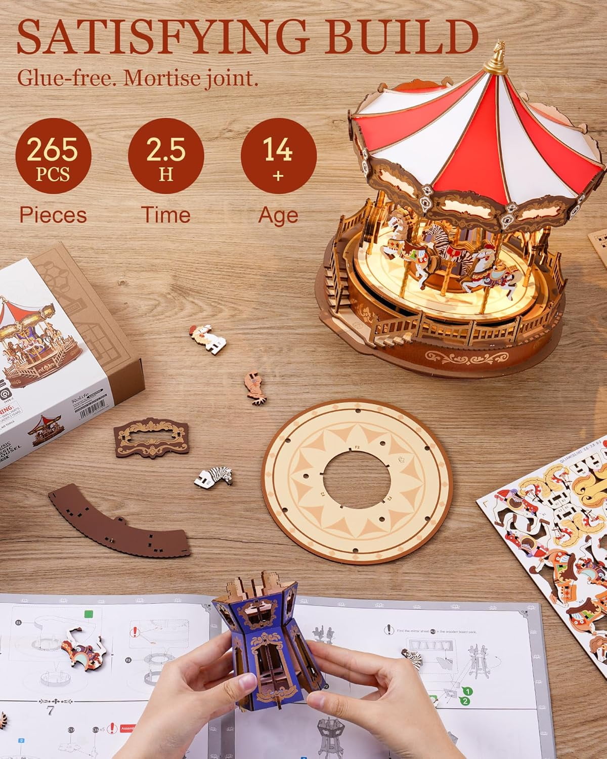 Robotime Classic Carousel Dreamer 3D Puzzle Music Box, DIY Wooden Building Model Kits,Christmas Birthday Gift for Kids Girls Adults