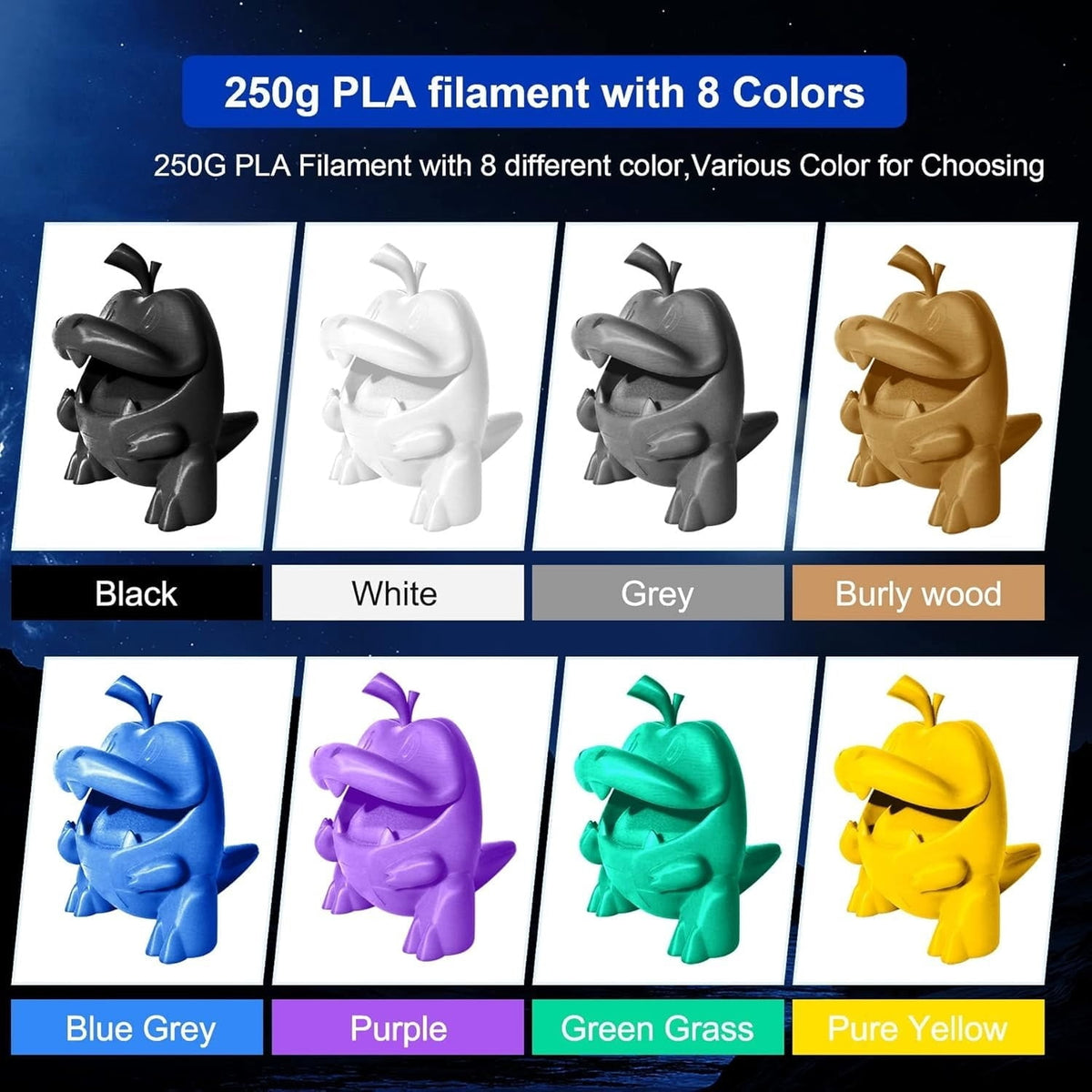 PLA 3D Printer Filament Bundle 8 Spools, 250g Each (2kg Total) 1.75mm Multicolor: Black, White, Grey, Red, Blue, Orange, Green, Transparent, Individually Vacuum Packed