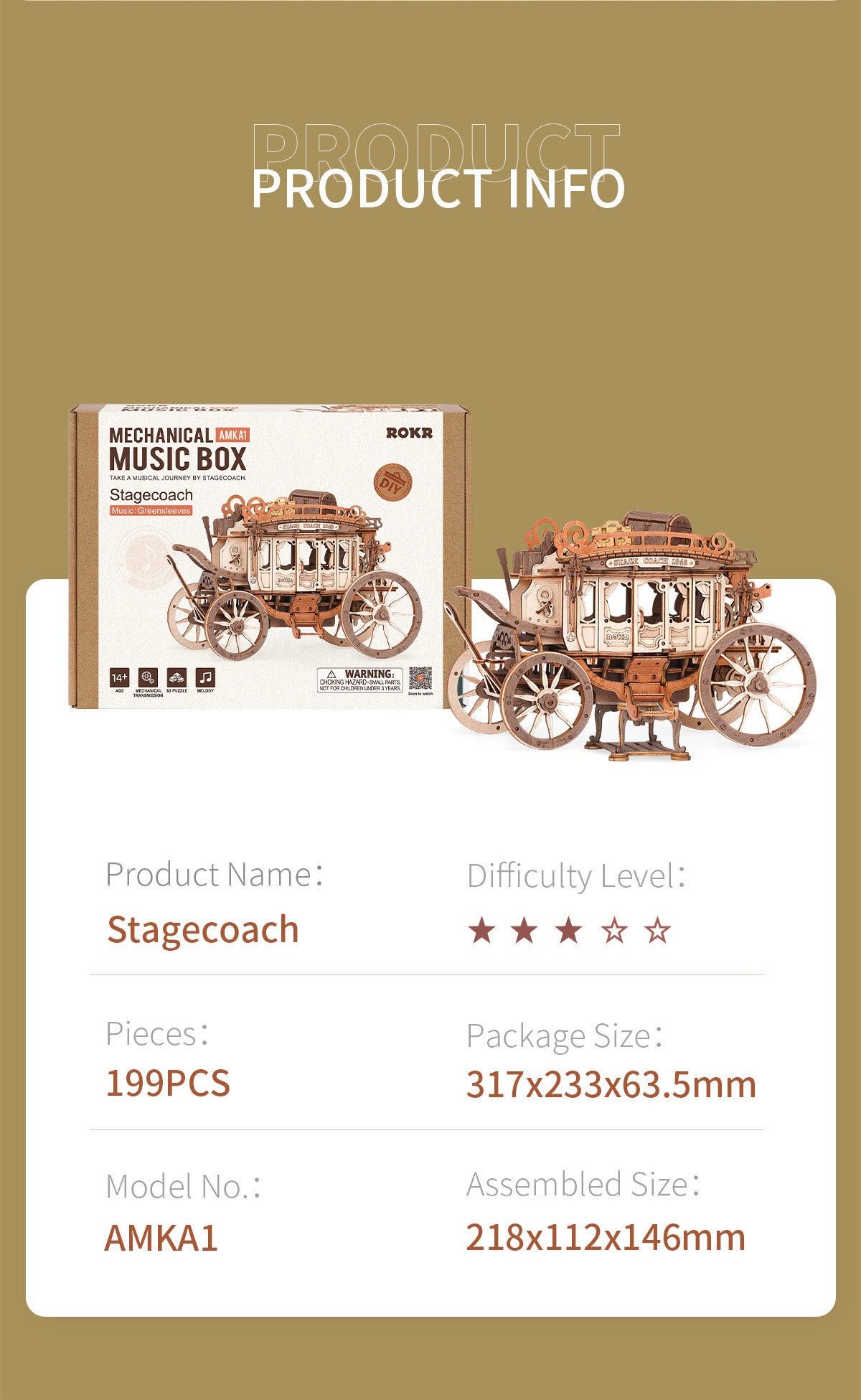 Robotime 3D Wooden Puzzles for Adults Music Box Model Car Stagecoach Toys Gift for Teens Adult