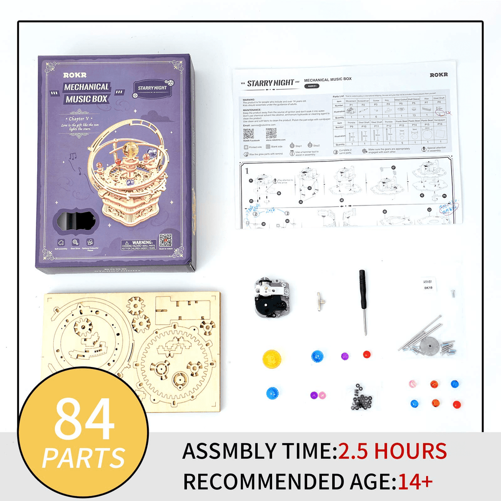 ROKR Wooden Puzzle - 84 Pieces 3D Mechanical Music Box Kit - Starry Night Series - Creative Gift for Kids