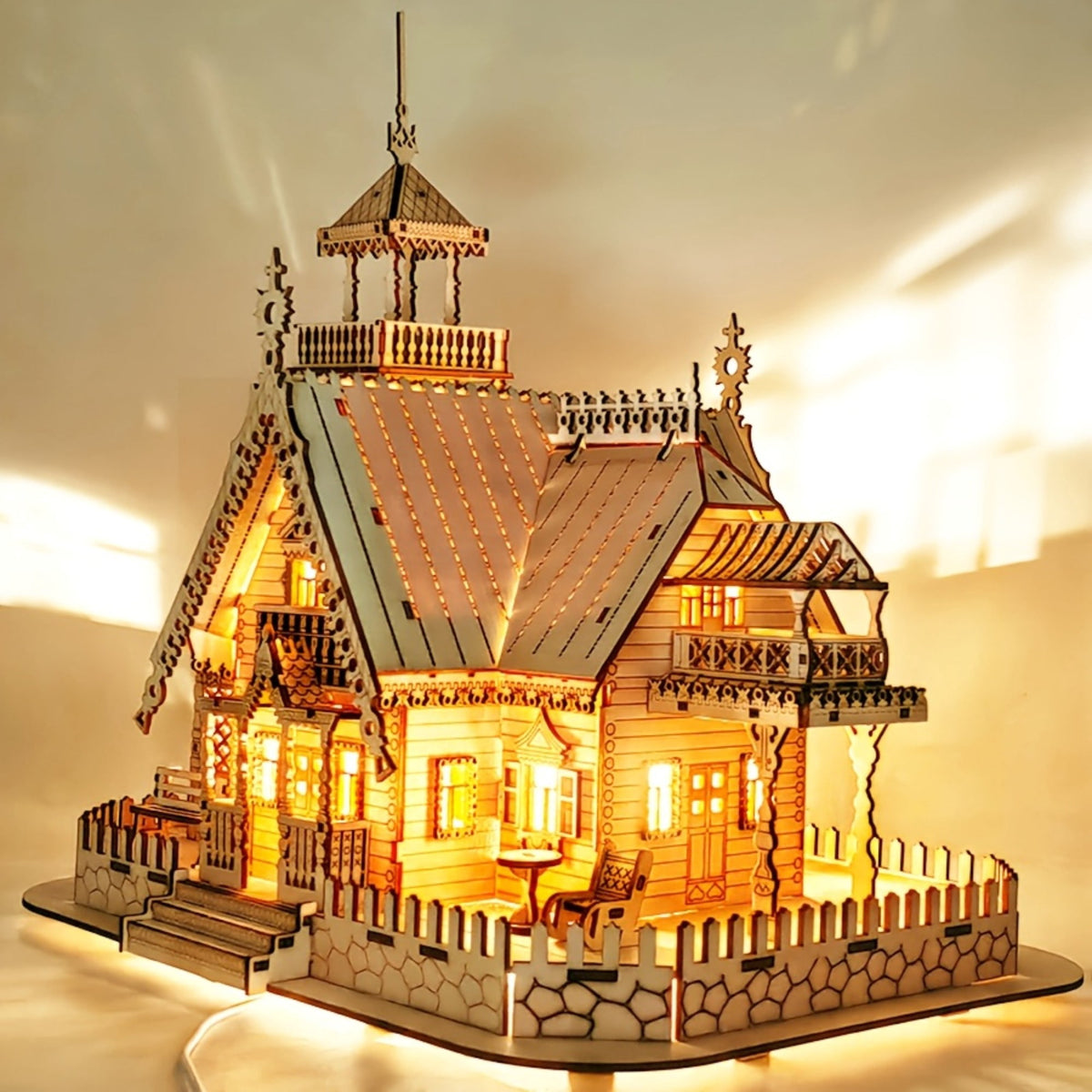 1 Pc 3D Puzzles for Adults, Wooden Puzzles,14.8x11.4x15.3 inch,Beige DIY Miniature Villa Model,for Desk Display, Home Decoration, Birthday Holiday Gifts