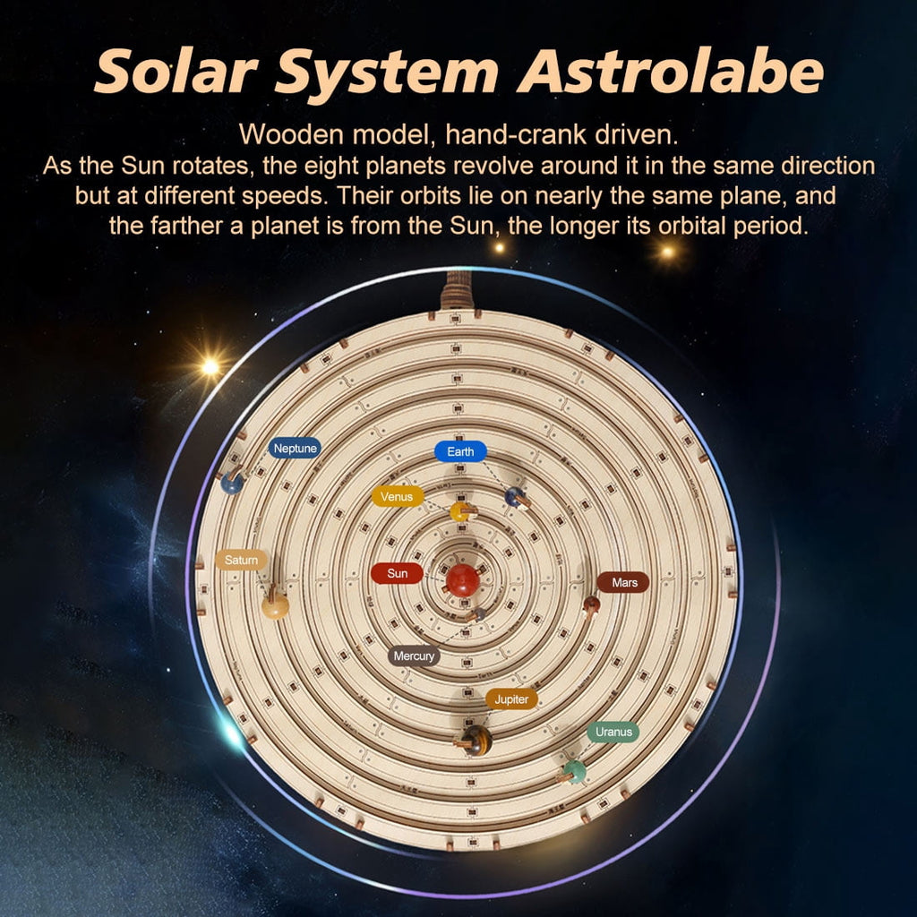 DIY Mechanical Orrery Solar System 3D Wooden Puzzle Kit, 413PCS Planetary Gear DIY Assembly Craft Model with Hand Crank, Rotating Planet Display for Home and Office