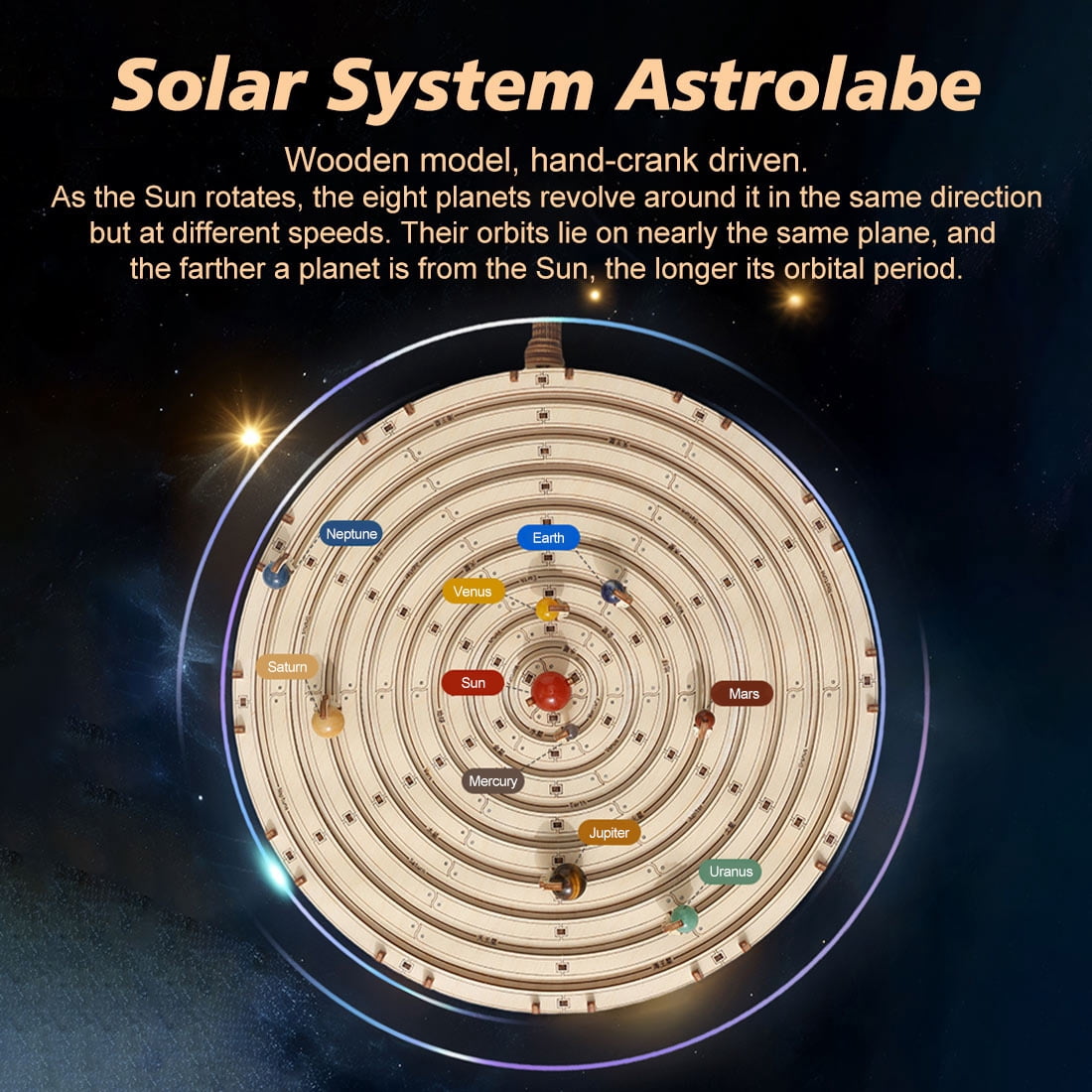 DIY Mechanical Orrery Solar System 3D Wooden Puzzle Kit, 413PCS Planetary Gear DIY Assembly Craft Model with Hand Crank, Rotating Planet Display for Home and Office