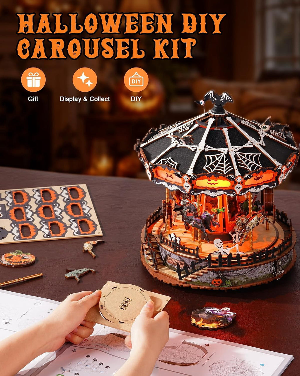 Rolife Phantom Waltz DIY Music Box, 3D Wooden Puzzle with Rotating Halloween Carousel, LED Lights and Music for Adults