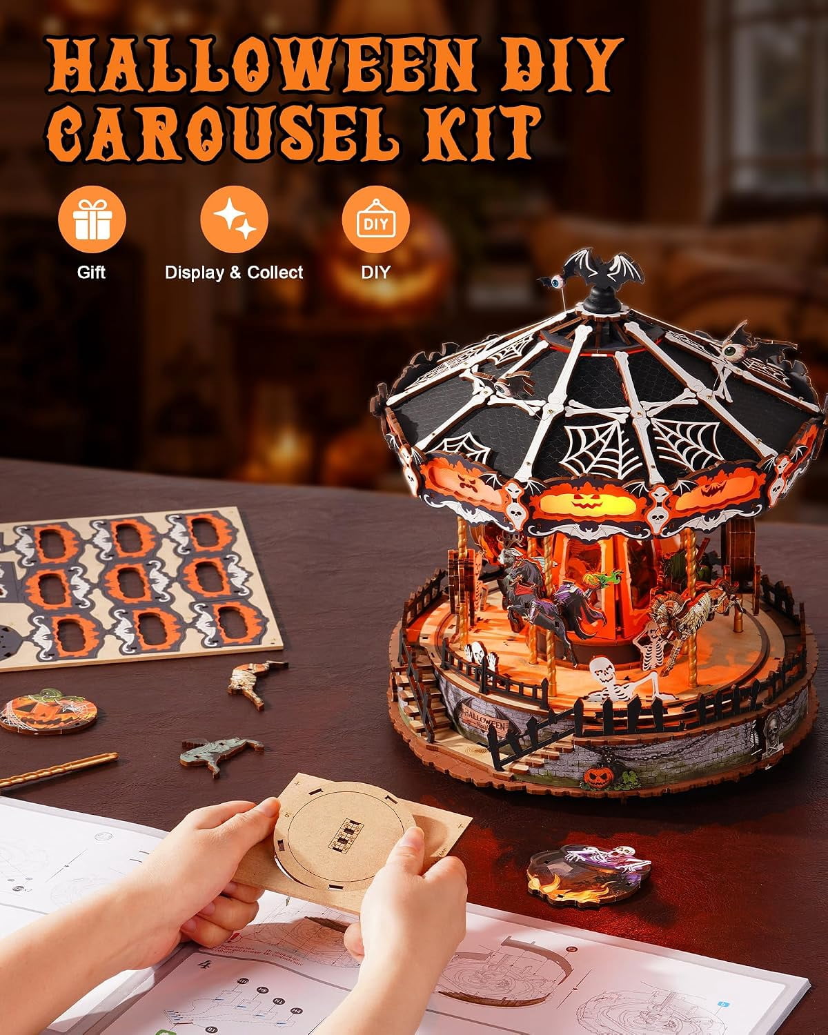 Rolife Phantom Waltz DIY Music Box, 3D Wooden Puzzle with Rotating Halloween Carousel, LED Lights and Music for Adults