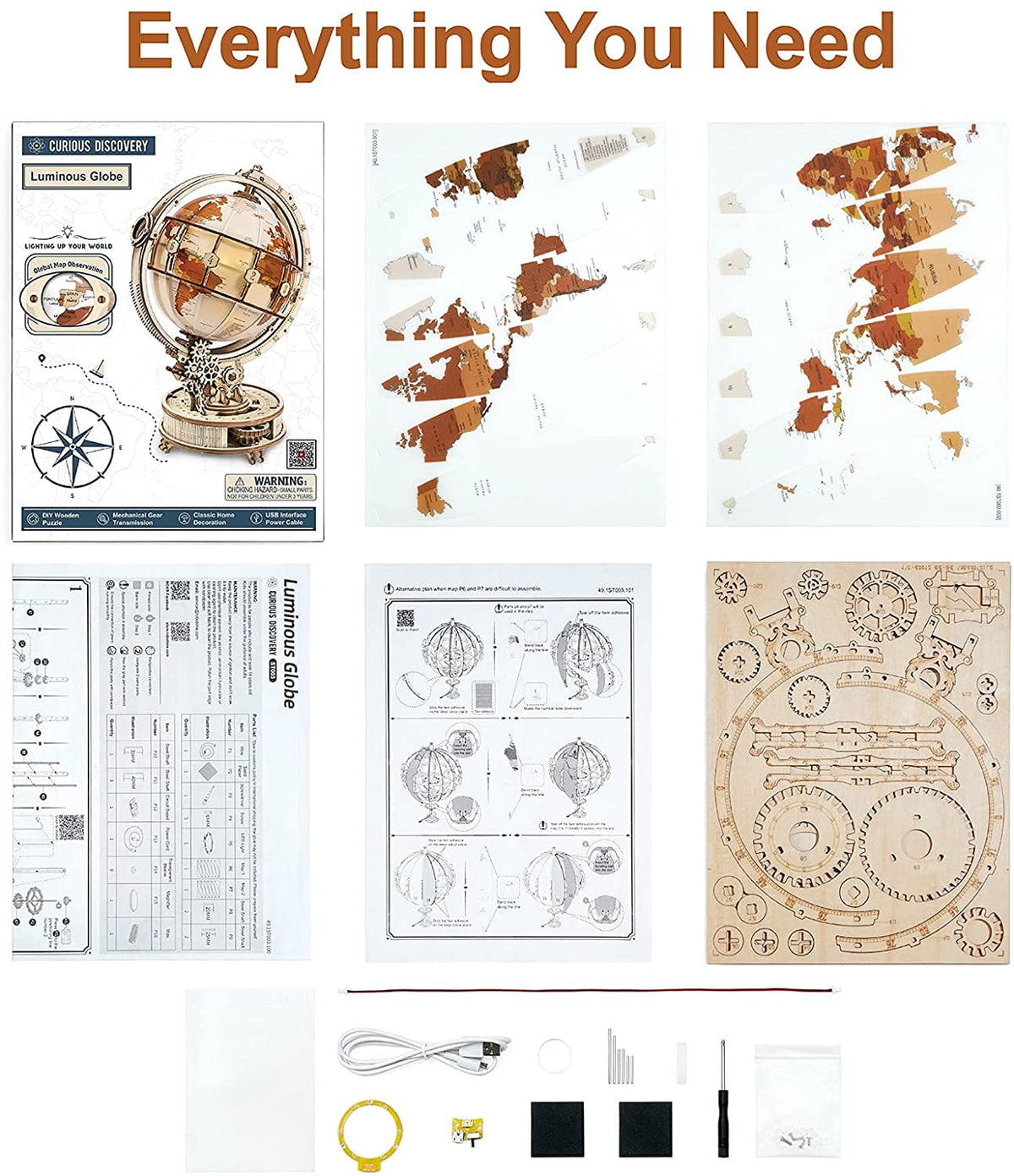 Robotime Luminous Globe Wood 3D Puzzle with Night Light, Creative Gift for Adults & Teens 14+, 180 Pieces
