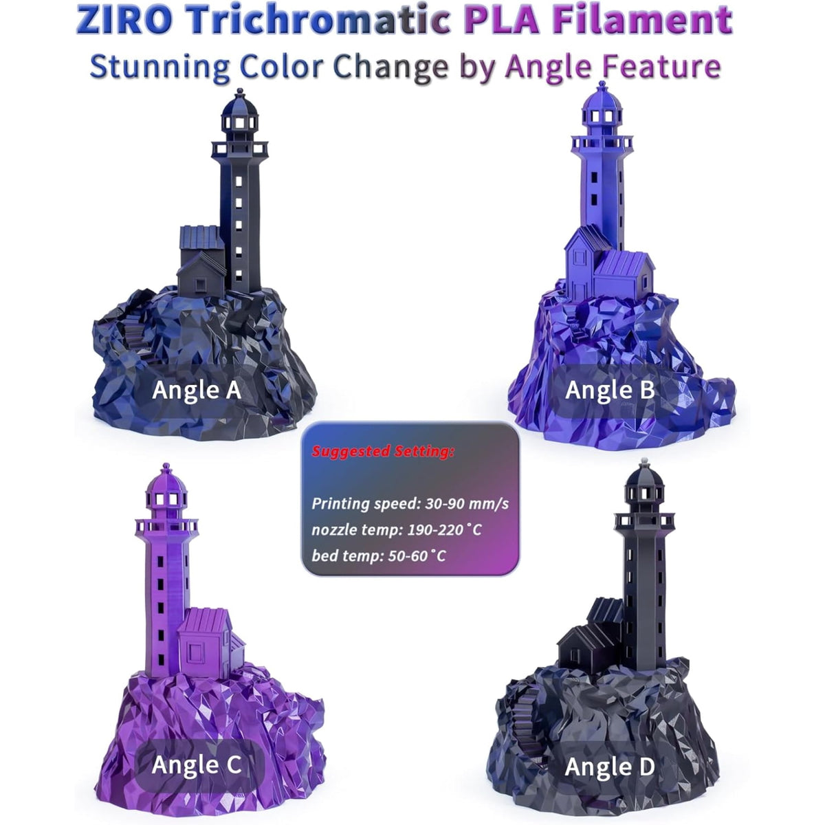 Ziro 3D Tri-color Silk PLA 1.75mm 1kg, Indigo Satin