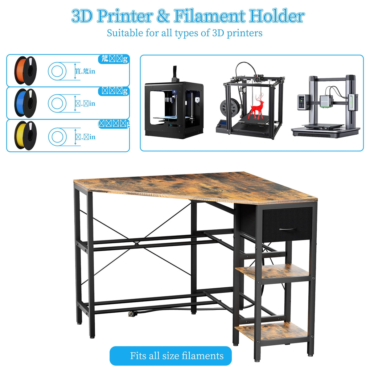 Heavy Duty 3D Printer Stand with Storage Shelf and Drawer, Industrial Rolling Printer Rack for 3D Printer Filament and Tools, Sturdy Metal Frame Printer Table for Home Office Workshop