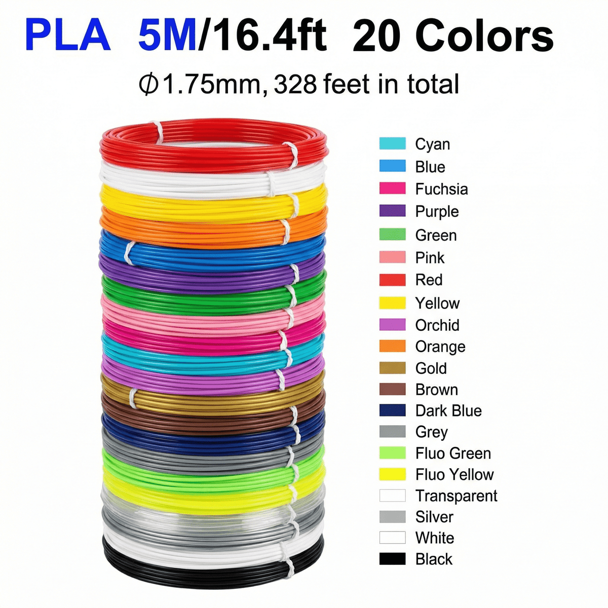 3D Pen PLA Filament Refills, 1.75mm PLA Filament Pack of 20 Colors