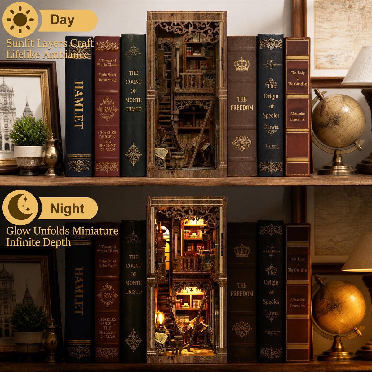 MOJINO DIY Book Nook Kit, 3D Vintage Library Miniature House Wooden Puzzle with LED Light, Tiny Home Doll house Craft Kit for Teens & Adults