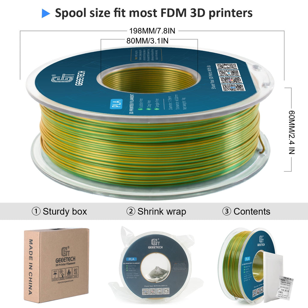 Geeetech Anti-silk type 3D Printer PLA Filament 1KG Toughness Enhanced Filament with 1.75mm Dimensional Accuracy +/-0.03mm, 1080 Feet per Roll, Vacuum Packaging Two-tone gold copper