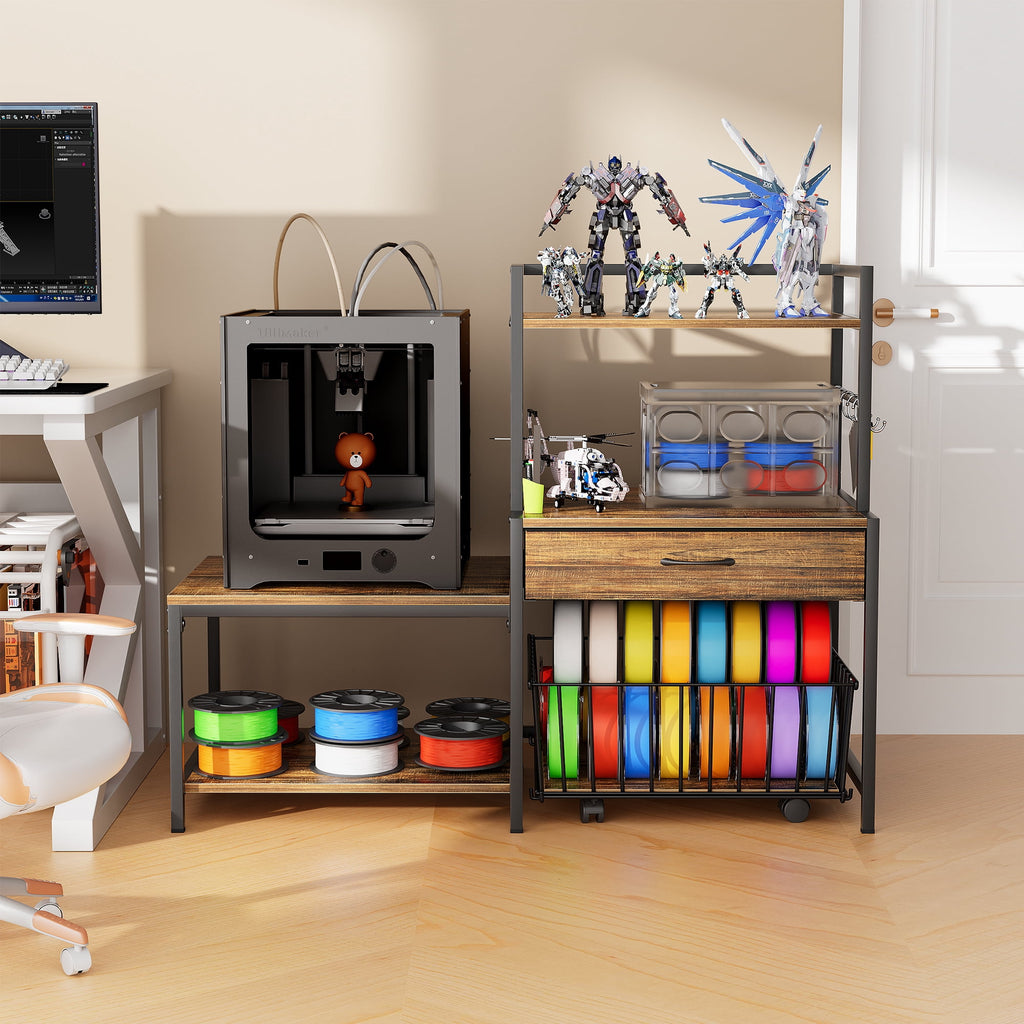Heavy Duty 3D Printer Stand with Storage Shelf and Drawer, Industrial Rolling Printer Rack for 3D Printer Filament and Tools, Sturdy Metal Frame Printer Table for Home Office Workshop