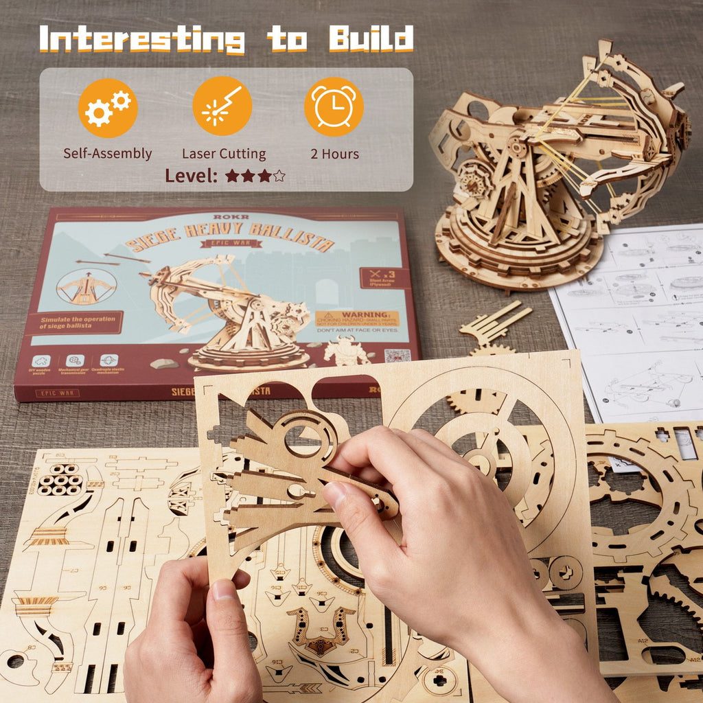 ROKR 3D Wooden Puzzle 158 Pieces Diy Model Toys Medieval Wheeled Cannon Brain Teaser Gift for Kids