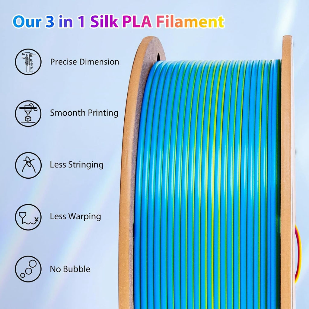 Multicolor 3D Printer Filament,Dual/Tri Color 1.75mm PLA Silk Shiny Printing Filament,250g(0.55lbs) Fit Most FDM 3D Printer