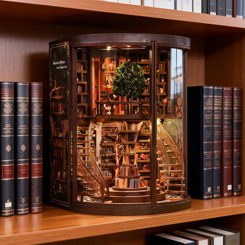 Wisdom Rings Book Repository DIY Book Nook Kit for Adults, 3D Wooden Puzzle Miniature Library Bookshelf Insert Bookend Decor with LED Light and Dust Cover, Touch Switch, Gift for Avid Readers