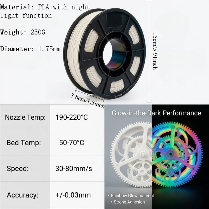 PLA Filament Glow in The Dark Multicolor, Rainbow PLA Filament, Gradient 3D Printer Filament Color Change, 250g(8.8oz) Spool