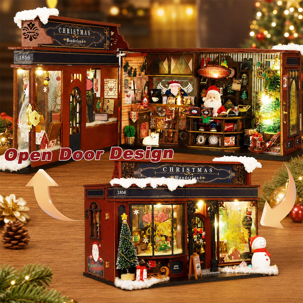 MOJINO Christmas Wonderland DIY Miniature House Kit with LED Lights, Wooden Doll House 3D Puzzle Book Nook Kit for Adults, Christmas Store Miniature Home Decor Gift
