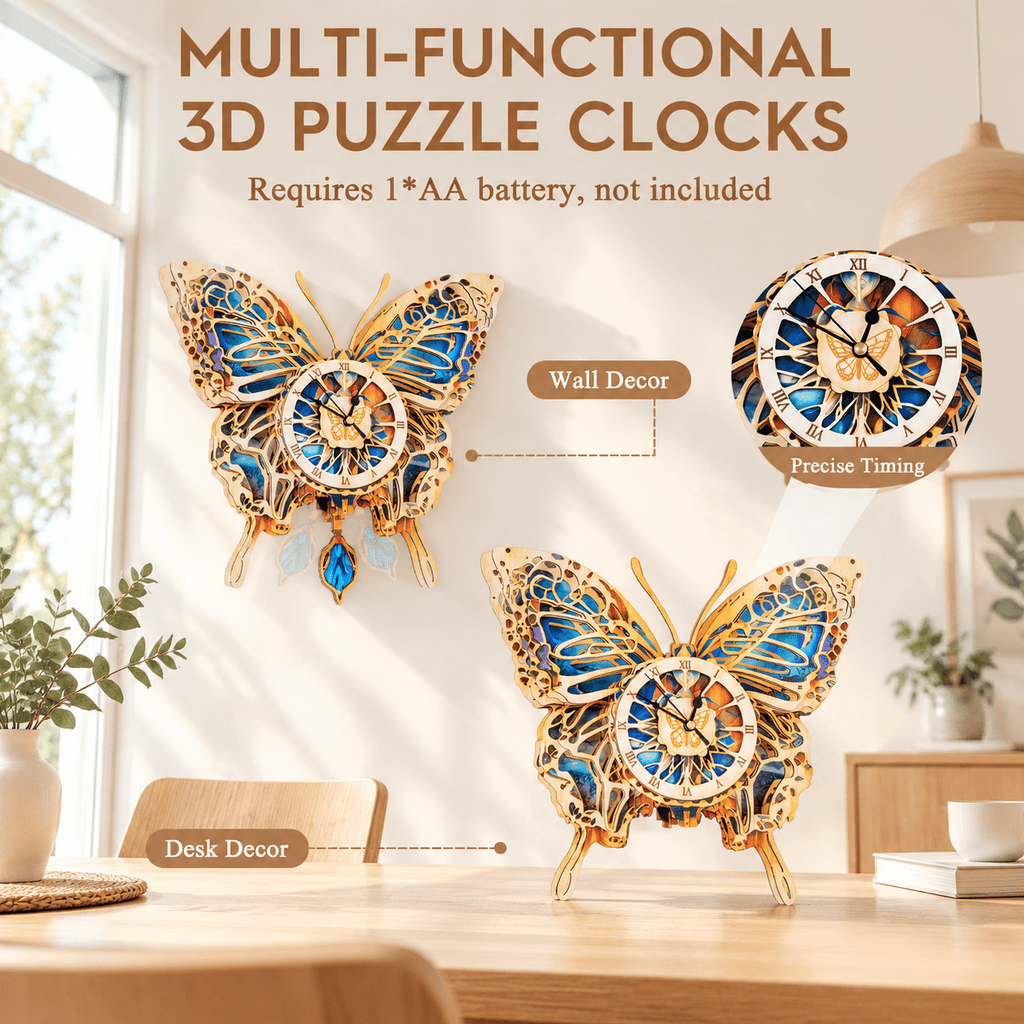 Butterfly Clock 3D Wooden Puzzle Clock DIY Mechanical Craft Kit for Adults Teens