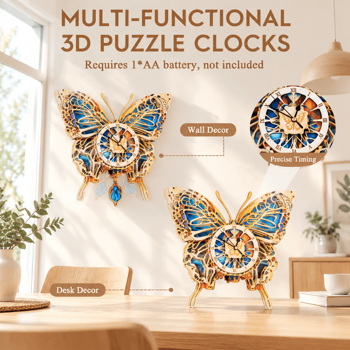 Butterfly Clock 3D Wooden Puzzle Clock DIY Mechanical Craft Kit for Adults Teens