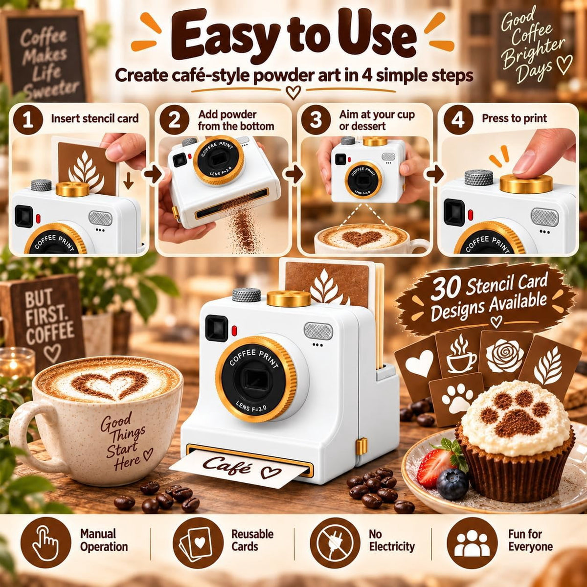 Coffee Printer Machine, 3D Latte Art Coffee Printer , Edible Ink Pre‑Set Pattern Printer for Coffee Foam, Gift for Coffee Enthusiasts
