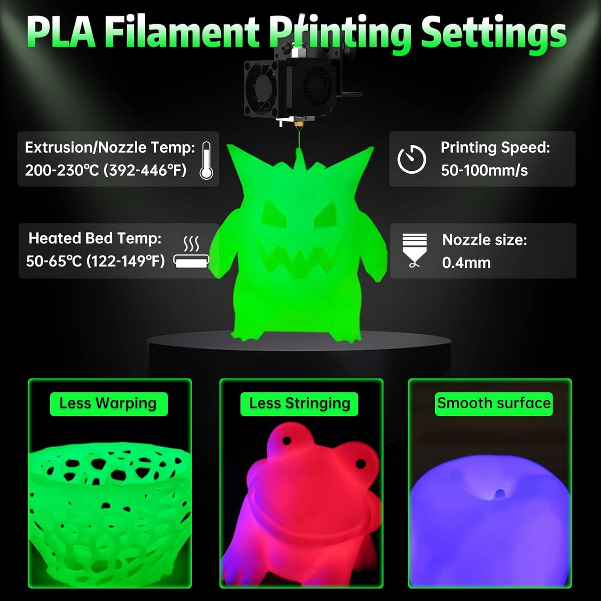 Glow in Dark PLA 3D Printer Filament, 250g Spool, High Precision +/- 0.03mm, Luminous green
