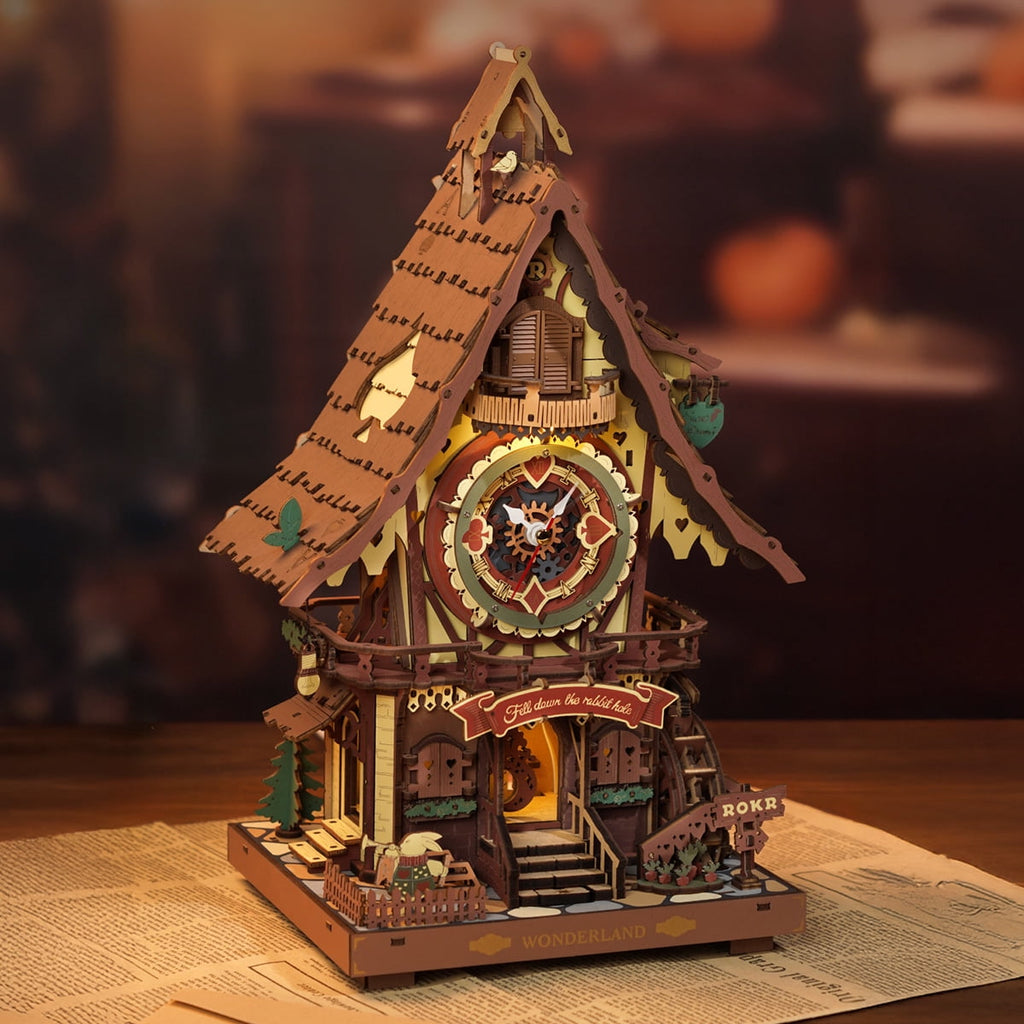 ROKR Cuckoo Clock 3D Wooden Puzzle Kit, Mechanical Clock Model with Moving Pendulum and LED Light, Colorful DIY Craft Decor Xmas Gift Toy for Adults