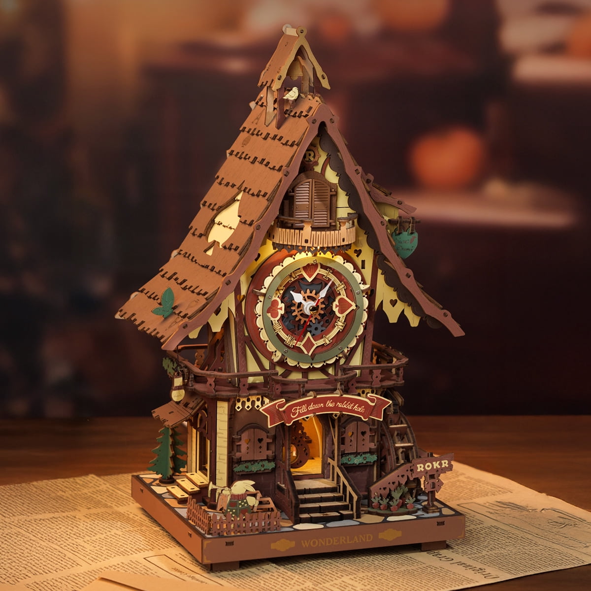 ROKR Cuckoo Clock 3D Wooden Puzzle Kit, Mechanical Clock Model with Moving Pendulum and LED Light, Colorful DIY Craft Decor Xmas Gift Toy for Adults