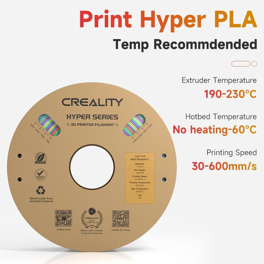 Creality Hyper Rainbow PLA 3D Printing Filament Smooth Vibrant Gradients 300mm/s Printing Speed 2.2lb-Wild Blossom(Short)