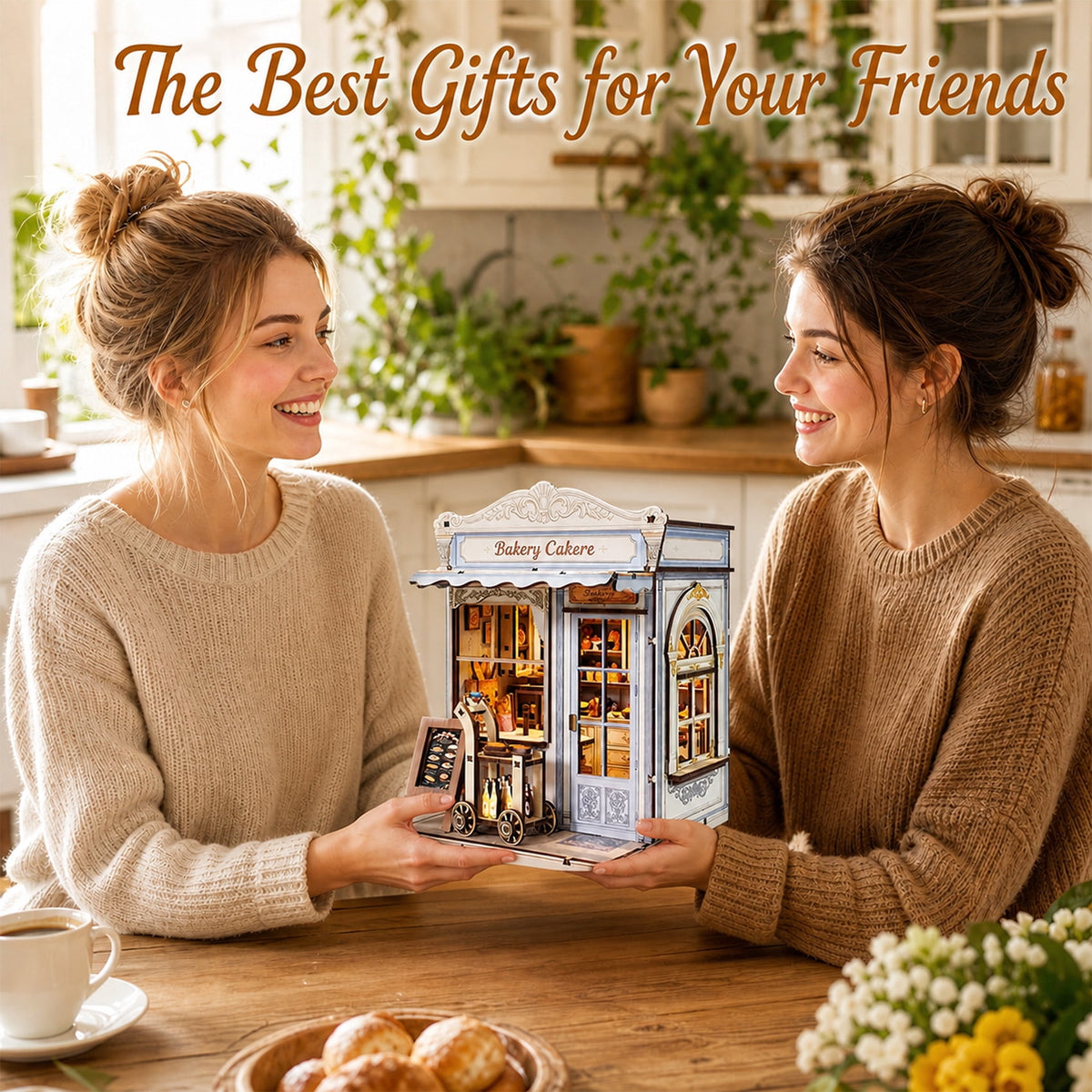 MOJINO DIY Book Nook Kit, Vintage Bakery Miniature House 3D Wooden Puzzle with LED Light, Tiny Home Dollhouse Craft Kit for Adults & Teens, Bookshelf Decor