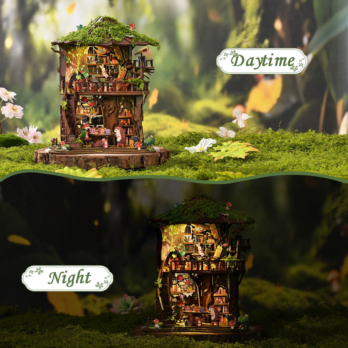 DIY Book Nook Kit with LED Light,Forest Tea Book Club Miniature House Bookshelf Insert Decor, 3D Wooden Puzzle Dollhouse Craft Kit for Adults Teens, Book Lover Gift