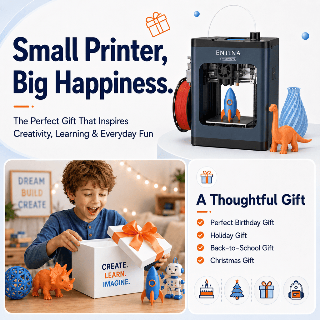 Entina Desktop 3D Printer Tina2S, Wi-Fi Control Auto Leveling Heated Plate for Beginners STEM DIY