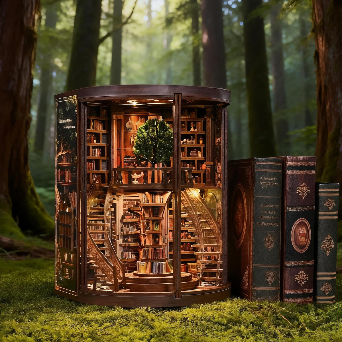 Wisdom Rings Book Repository DIY Book Nook Kit for Adults, 3D Wooden Puzzle Miniature Library Bookshelf Insert Bookend Decor with LED Light and Dust Cover, Touch Switch, Gift for Avid Readers