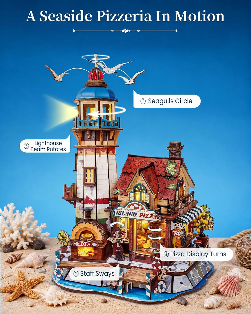 ROKR Chillbay Pizzeria DIY Music Box, Mechanical 3D Wooden Puzzle with Rotating Parts and LED Lights, Pizza Shop Model for Adults