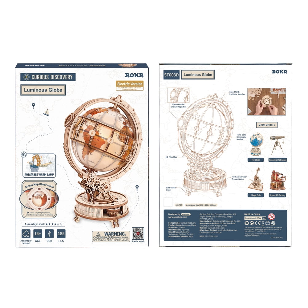 ROKR Luminous Globe 3D Wooden Puzzle for Adults, Electric Rotating Illuminated Globe with Stand, 180-Piece DIY Model Building Kit with LED Light, Home Office Desk Decor Birthday Gift