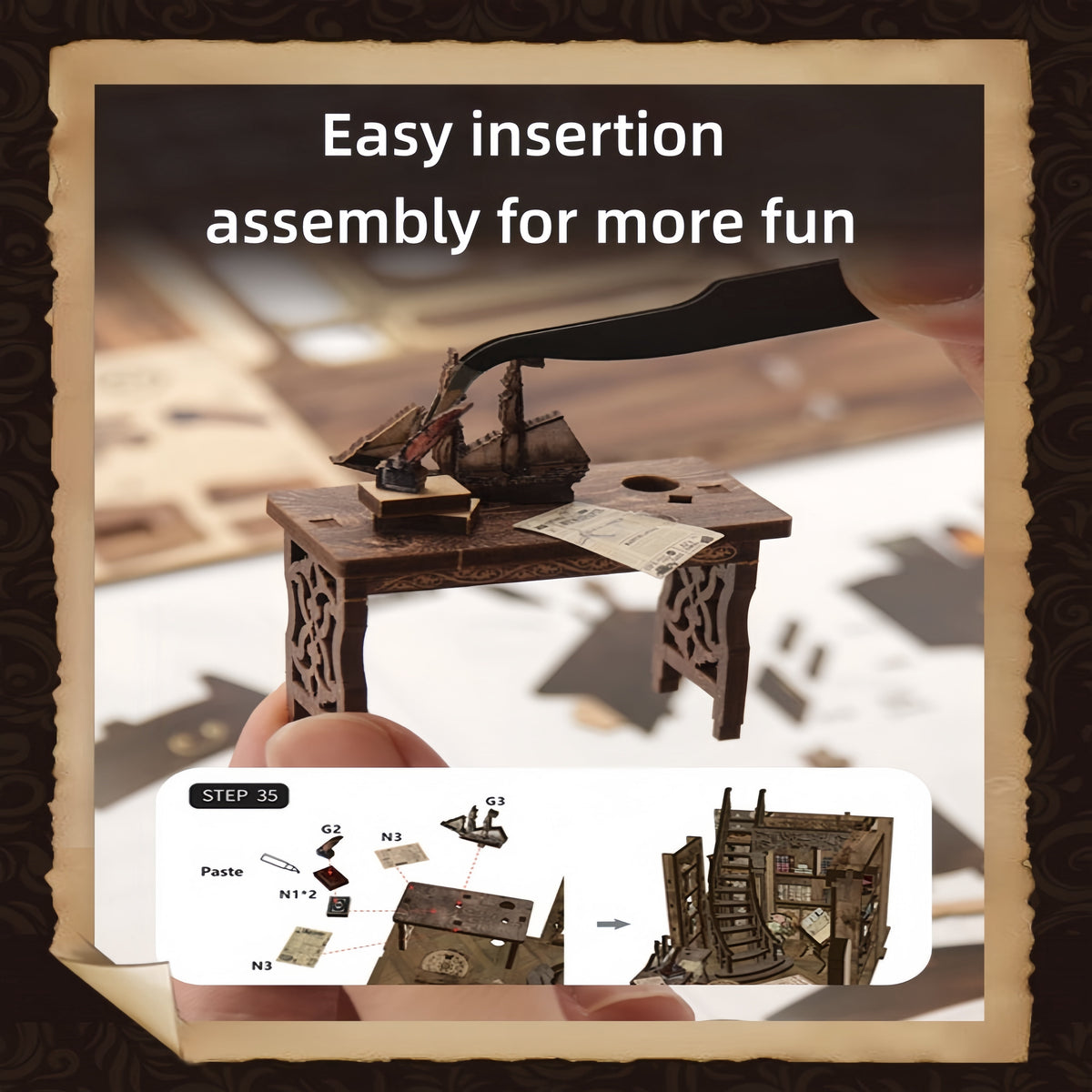 Book Nook Kit, Antique Library DIY Miniature House 3D Wooden Puzzle with LED Light, Bookshelf Insert Decor, Craft Kit Gift for Adults & Teens, Age 14+