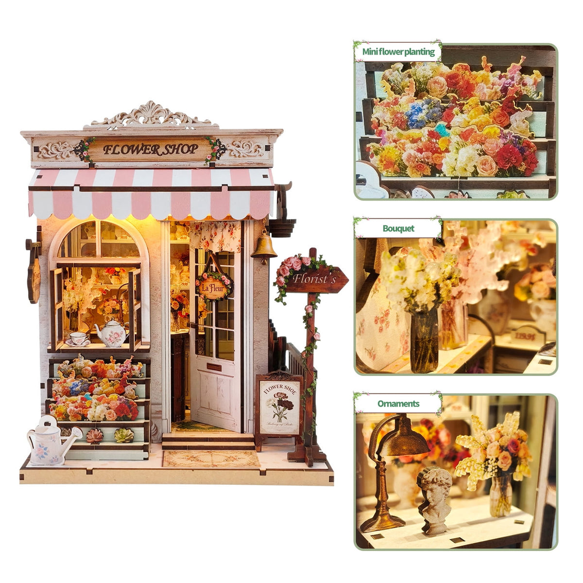 Music Park Charming Sweet Eaves Florist Book Nook Kit - 3D Wooden Puzzle with LED Lights, DIY Vintage Flower Shop Miniature Dollhouse, Unique Birthday Gift for Adults