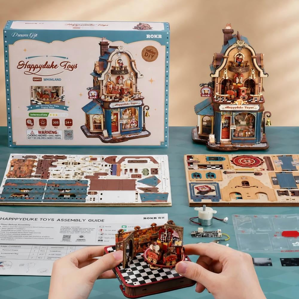 ROKR Happyduke Toys Moving Wooden 3D Puzzle Model Kit, 305-Piece Toy Shop Miniature House with Music Box, Warm LED Light for Adults and Teens