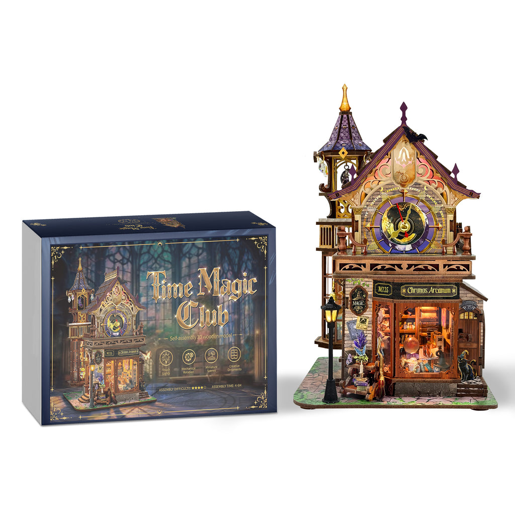 Strucwood DIY Book Nook Kit Time Magic Club: Magical Clock Tower, LED Lights, 3D Wooden Puzzle Gift for Adults（SQ-71）