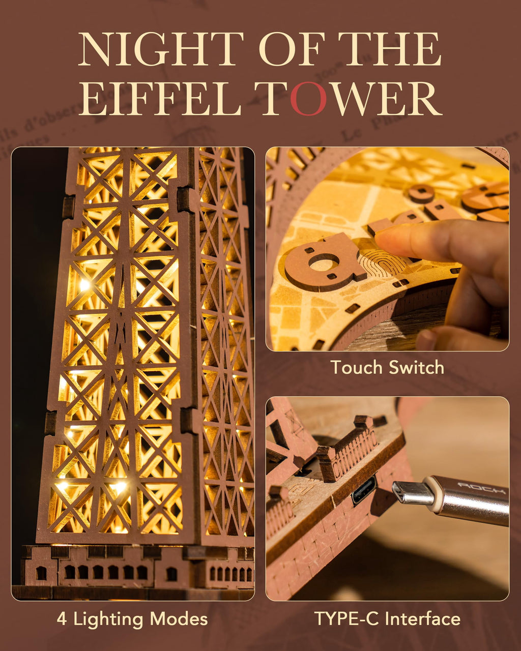 Robotime 3D Wooden Puzzle with Lights - Night of the Eiffel Tower, Architectural Craft Kit for Construction - Teens and Adults