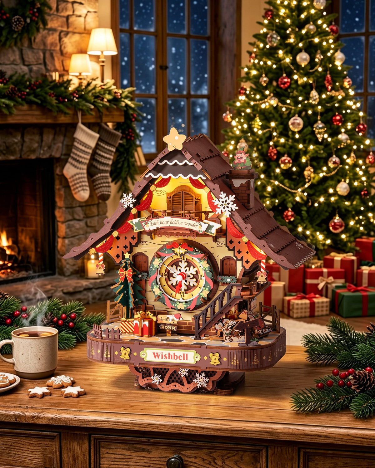 ROKR Christmas Cuckoo Clock, Wooden 3D Puzzle Mechanical Model Kit with LED Light and Moving Parts, Holiday Home Decor Display Xmas Gift for Adults