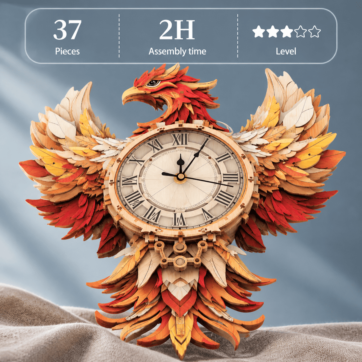 Fire Phoenix Wooden 3D Puzzle Clock DIY Model Kit for Adults