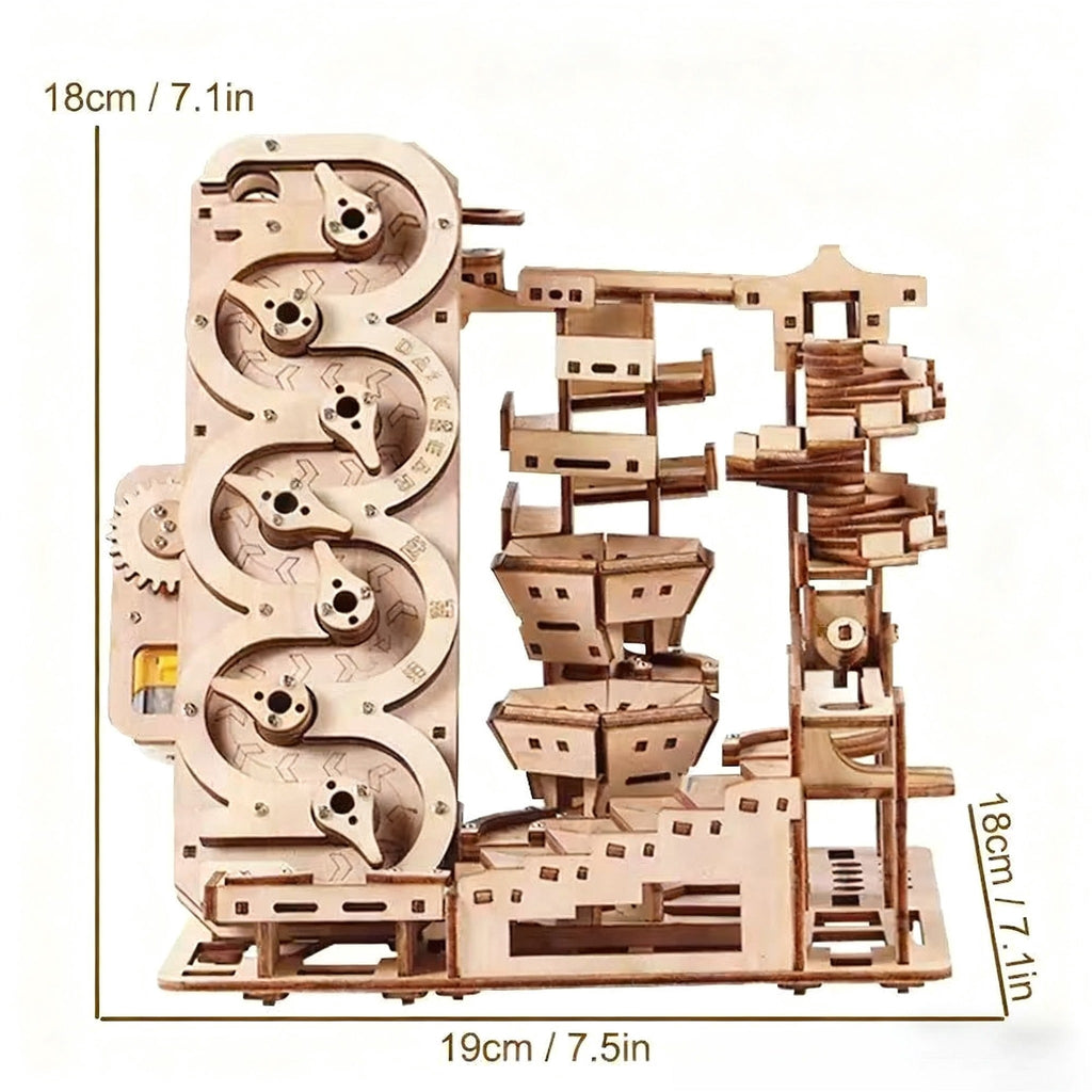 Electric Marble Run DIY Wooden 3D Puzzle Kit, Battery‑Powered Marble Track Model Building Kit for Teens & Adults 14+