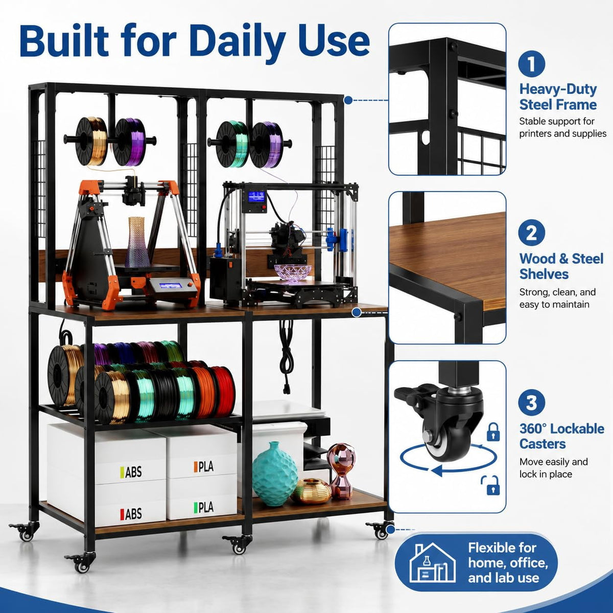 Heavy Duty 3D Printer Stand with Filament Storage Rack, Mobile 3D Printer Workbench with T-Shaped Filament Spool Holder, Lockable Wheels & Storage Shelves for Home Office Workshop (Style A)